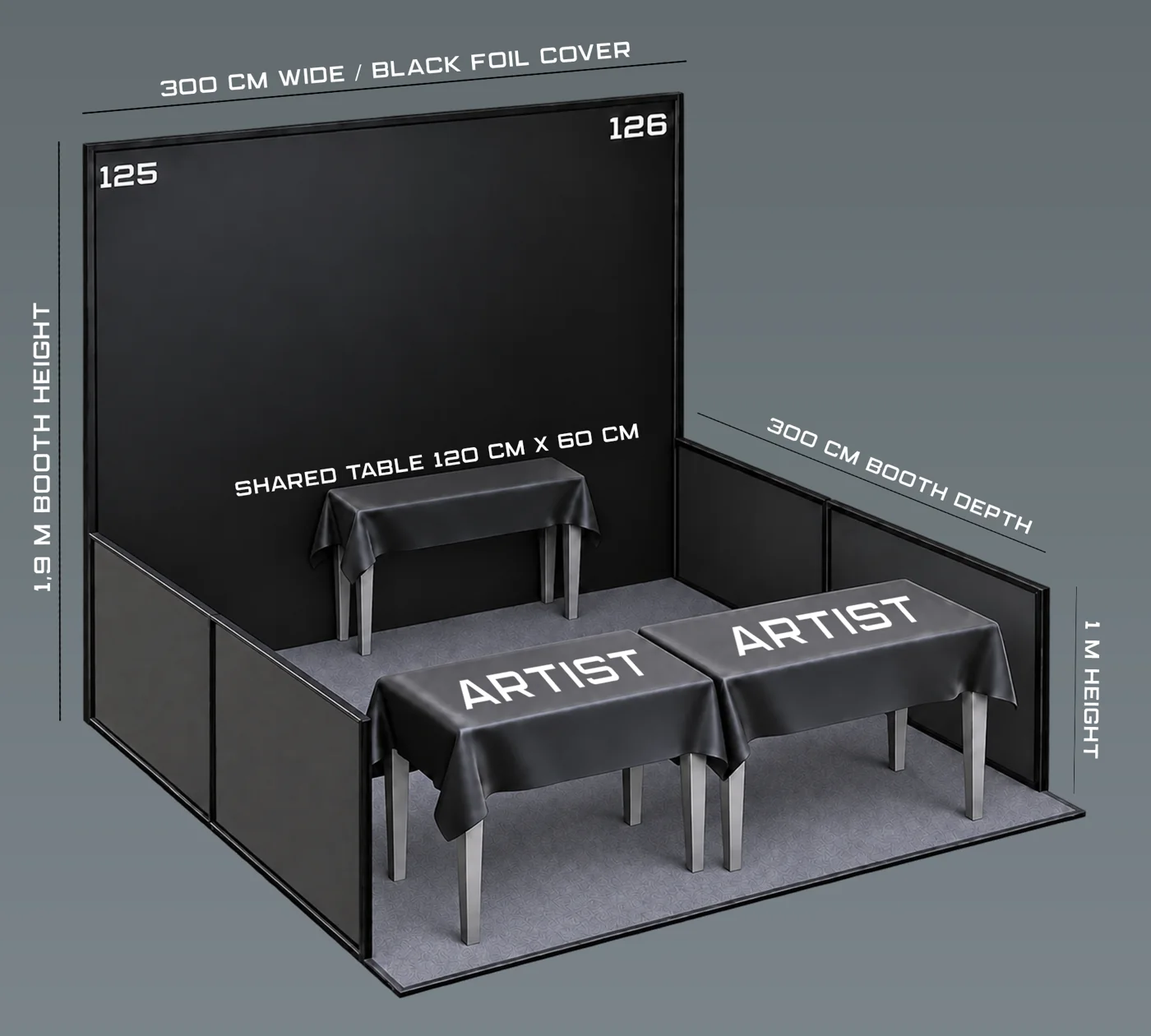 A full artist booth with its sizes: 300 cm wide, 3 m deep, 1.9 m high, two dressed front tables and a shared 120 × 60 cm table against the back wall.