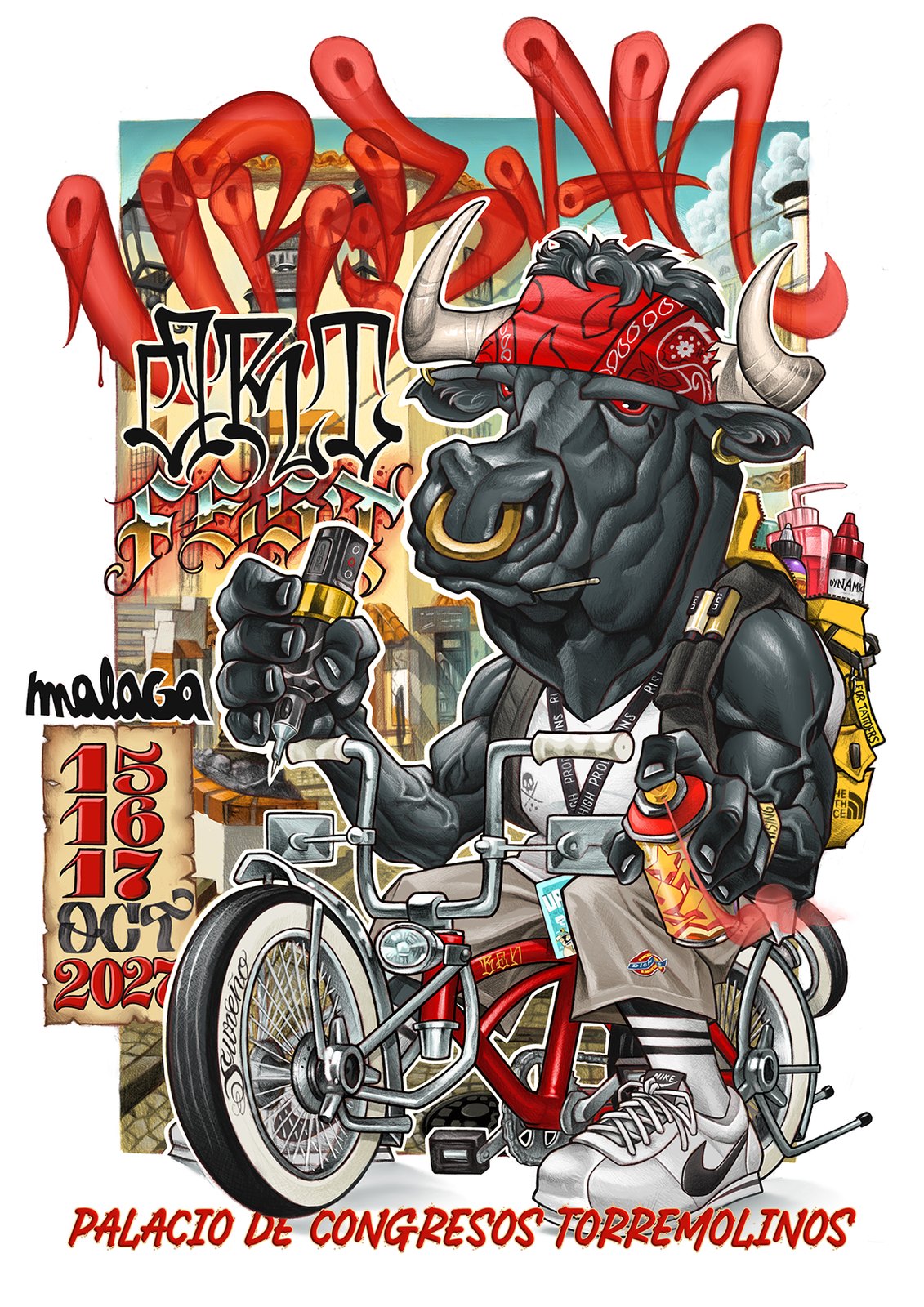 Urban Art Fest Malaga 2027 poster: an illustrated bull in a red bandana riding a lowrider bicycle, holding a tattoo machine and a spray can. 15, 16, 17 October 2027, Palacio de Congresos Torremolinos.