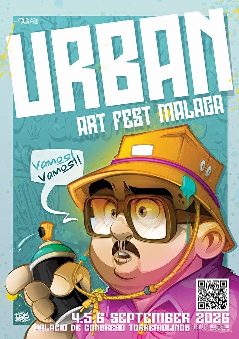 Urban Art Fest Malaga 2026 poster: an illustrated character in a gold bucket hat and magenta jacket holding a spray can, shouting "Vamos! Vamos!"